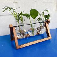 Vase en verre hydroponique en gros avec support en bois, station de propagation de plantes de bureau, vase à fleurs, terrarium, prix d'usine