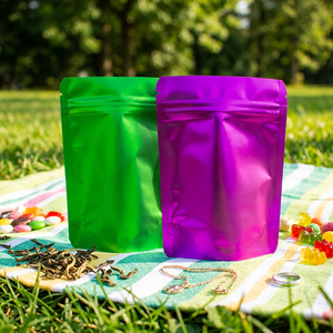 <b>Laminated</b> Stand Up <b>Pouch</b> Zipper Bags Reversible Food Grade Packaging In Green And Purple Colors For Storage - Product Image 1