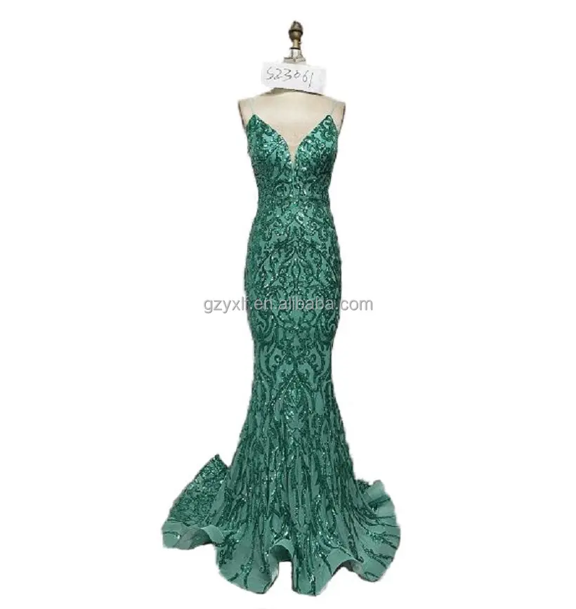 Polyester Sleeveless Criss-cross Floor Length Green Evening Gown with Flowers Ball Gown Dress for Women