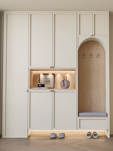 Armoire à chaussures incurvée personnalisable pour <span class=keywords><strong>entrée</strong></span> avec <span class=keywords><strong>banc</strong></span> et éclairage intégrés - Product Image 3