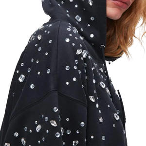 Personnalisé Noir Haute Qualité Logo Lavé Crâne Couleur Épais Bling String Crâne Hommes Surdimensionné Uni Noir Strass À Capuche - Product Image 1