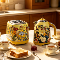 Ensemble grille-pain et bouilloire électrique 2 tranches, design rétro floral, acier inoxydable, 1800W, ébullition rapide, pour la cuisine et le petit-déjeuner à domicile