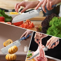 Damascus Nakiri-mes met visgraatpatroon lemmet & handvat van blauw hars met sterrenpatroon, scherp koksmes voor de keuken