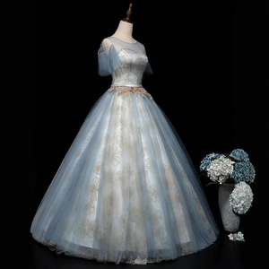 Light Blue Off The Shoulder Ball Gown Evening Dress With Floral Print Empire Waistline Organza Fabric For Adult Women - Product Image 2