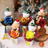 Bunga Buatan Tangan Berbentuk Beruang dari Katun, Buket Krim Puff, Boneka Lucu, Bunga Berlapis Emas, Natal