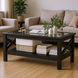<b>Black</b> Coffee Table With Wood <b>Frame</b> Tempered Glass Top Underneath Storage Shelf Living Room Modern Design - Product Image 2