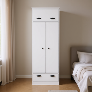 Armoire blanche Dumas à 2 tiroirs et portes battantes, armoire minimaliste pour chambre à coucher, meuble de rangement - Product Image 2