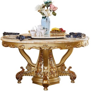 Europese houten eettafel met marmeren blad, gegraveerd patroon, draaibare tafel en stoelenset voor hotel, villa en thuisgebruik - Product Image 1