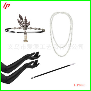 LPP4643 Flapper Girl Costume Set Black Long Gloves Pearl Necklace <b>Headband</b> Cigarette Holder Party Props - Product Image 2