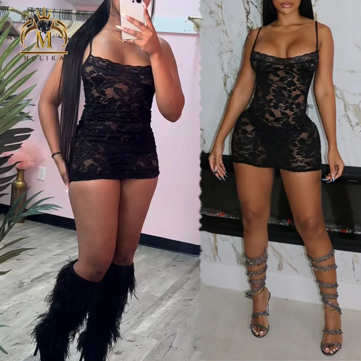 New Arrivals Mesh Dresses Women Sexy Lace See Through Black Mini Dresses Sexy Club Party See Through Dresses Women Ladies
