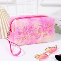 Sac de rangement cosmétique en peluche brodé de sequins motif dessin animé, grande capacité, cadeau de Saint-Valentin pour couples, trousse de maquillage avec poignée