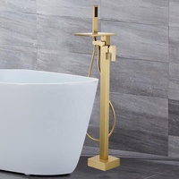 Grifo de Bañera de Lujo Moderno de Latón Dorado con Válvula Cerámica de Cascada, Monomando, de Pie, para Montaje en Suelo