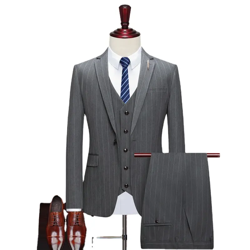 Men'S Business Casual Suit Groom'S Wedding Dress Formal Suit Three-Piece Striped Trim Suit