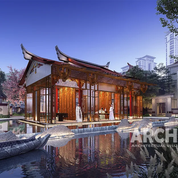 Arquitetura chinesa do templo em renderização arquitetônica 3D, também architectural-renderizations-comercial, design de arquitetura