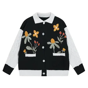 Suéter de punto personalizado con diseño OEM para hombre, cárdigan de punto con cuello Polo, 100% algodón orgánico, suéter con patrón de flores Jacquard para hombre