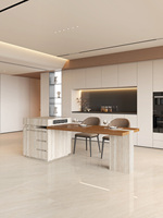 Îlot de cuisine luxueux en bois avec motif marbré, îlot de cuisine moderne en pierre frittée avec table à manger extensible