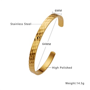 Simple Engraved Hammer <b>Gold</b> Plated Stainless Steel <b>Bracelet</b> Open <b>Adjustable</b> Cuff Bangle for Girls - Product Image 5