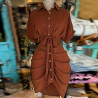 Robe chemise bleu poudré sur mesure OEM, froncée, à taille nouée, simple boutonnage, col, manches courtes, élégante, décontractée pour femme, été