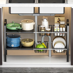 Scaffale Regolabile Sotto Lavello per Cucina, Organizzatore per Armadi in Acciaio al Carbonio Resistente ed Estensibile - Product Image 1