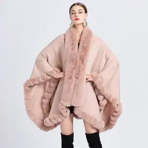 2022 Luxury Pink Winter Ladies Wraps Cloak Knit Evening Party Dress Coat Faux Fur Collar Poncho Cape Shawl