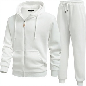 Conjunto de Sudadera con Capucha y Cremallera para Hombre, Color Blanco, Corte Regular, Felpa de Algodón, Informal, para Otoño, Pantalones Deportivos, Color Sólido, Transpirable - Product Image 1