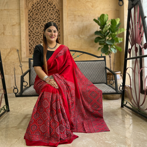 Sari en soie modale tendance, imprimé Ajrakh à la main, séchage rapide, coupe classique, vêtement traditionnel indien pour la vente en gros - Product Image 4