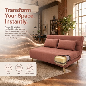 Canapé-lit pliable moderne en tissu, multifonctionnel, 2 places, avec pieds en bois, vente en gros, meubles sur mesure pour gagner de la place - Product Image 3