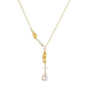 Gold Plated Seahorse Pendant Necklace With Teardrop Crystal And Pearl Y Chain Clavicle Jewelry For Daily Wear Gift - Product Image 5