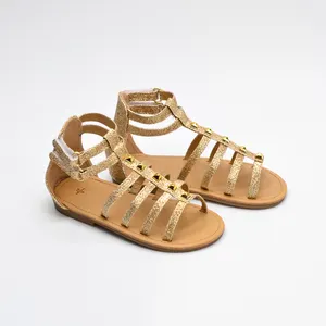 Embellishment Gladiator Girls Outdoor Beach Shoes Children Sandals for Outdoor PU Vented Summer Shoes Gold Kids Support 4 Days