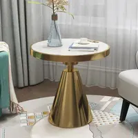 Mesa de centro pequeña redonda de mármol, mesa de esquina de acero dorado, mesa lateral de metal de lujo moderna