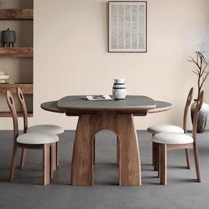 Mesa de comedor de estilo vintage hecha a medida, con tablero de piedra extensible y plegable, de cuadrada a redonda, con superficie de madera maciza de nogal. - Product Image 3