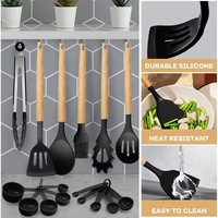 Ensemble d'ustensiles de cuisine en silicone 12 pièces avec support, ustensiles de cuisson antiadhésifs résistants à la chaleur, ensemble d'outils de cuisine à manche en bois