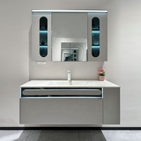 Ensemble de meuble-lavabo mural en céramique avec miroir LED en acier inoxydable pour salle de bain, idéal pour hôtels et usage familial