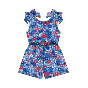 SR4128 CUSTOM Conjunto de mono sin mangas para bebé niña con estampado de flores azules y lazos, venta al por mayor - Product Image 6