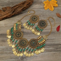 Grand bohème rétro ethnique or multicolore pièce pendentif à breloques collier strass breloques boucles d'oreilles afghani déclaration ensemble de bijoux