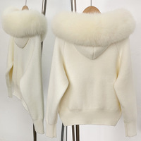 Automne hiver femmes fermeture éclair à manches longues tricot Cardigan manteau hauts à capuche détachable grand col de fourrure de renard réel luxe femme pull