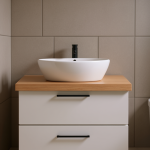 Meuble-lavabo de salle de bain en bois massif brun clair, 31,5x19,7 pouces, design rectangulaire moderne, sur pied, avec vasque en céramique - Product Image 2