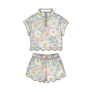 Conjunto infantil GSSO3577 personalizado con estampado de flores para niñas, conjunto informal de manga corta con cierre de cremallera para niños, venta al por mayor. - Product Image 2