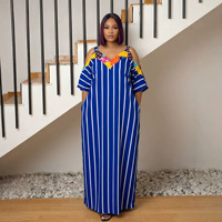 Robe longue décontractée pour femmes grandes tailles, style africain Ankara, patchwork rayé, bretelles spaghetti, col en V, épaules dénudées