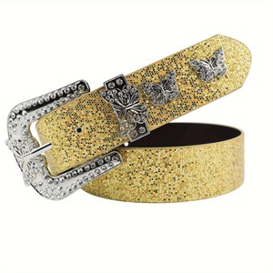 Women's Rhinestone <b>Belt</b> Western Style Casual <b>Sparkly</b> Crystal Encrusted PU Leather D-ring Alloy Buckle Asymmetry Design for Jeans - Product Image 3