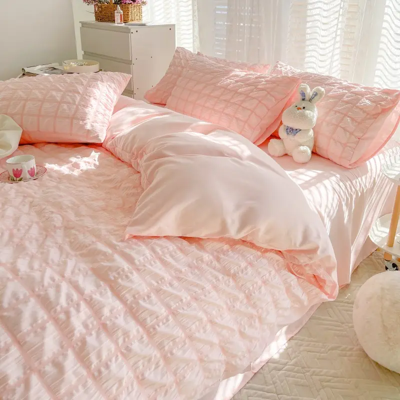 Pink Solid Seersucker Plain Luxury Three Piece Duvet Cover Organic Sheets Bedding Set With Fitted Sheet