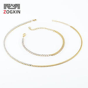 Zogxin Diamond Cuban Chain Necklace Set 18K Gold Plated Stainless Steel For Women Everyday Wear Leisure Jewelry - Product Image 1