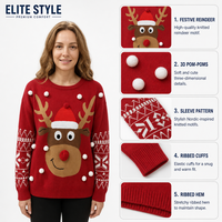 Pull en tricot pour femme FNJIA, col rond, motif renne de Noël, pompon, flocon de neige, jacquard, pull de Noël, pull en tricot pour femme