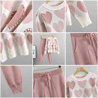 Femmes Sweet Love Floral Perlé Col Ras Du Cou Pull Pull Cordon Pantalon Deux Pièces Ensemble Respirant Tricot Polyester/Coton Costume