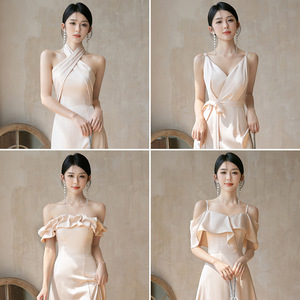 Robes de demoiselle d'honneur en satin logo personnalisé <span class=keywords><strong>robe</strong></span> de <span class=keywords><strong>cérémonie</strong></span> de l'avènement de l'âge usine directement moelleux <span class=keywords><strong>longue</strong></span> <span class=keywords><strong>robe</strong></span> d'hôte en gros - Product Image 2