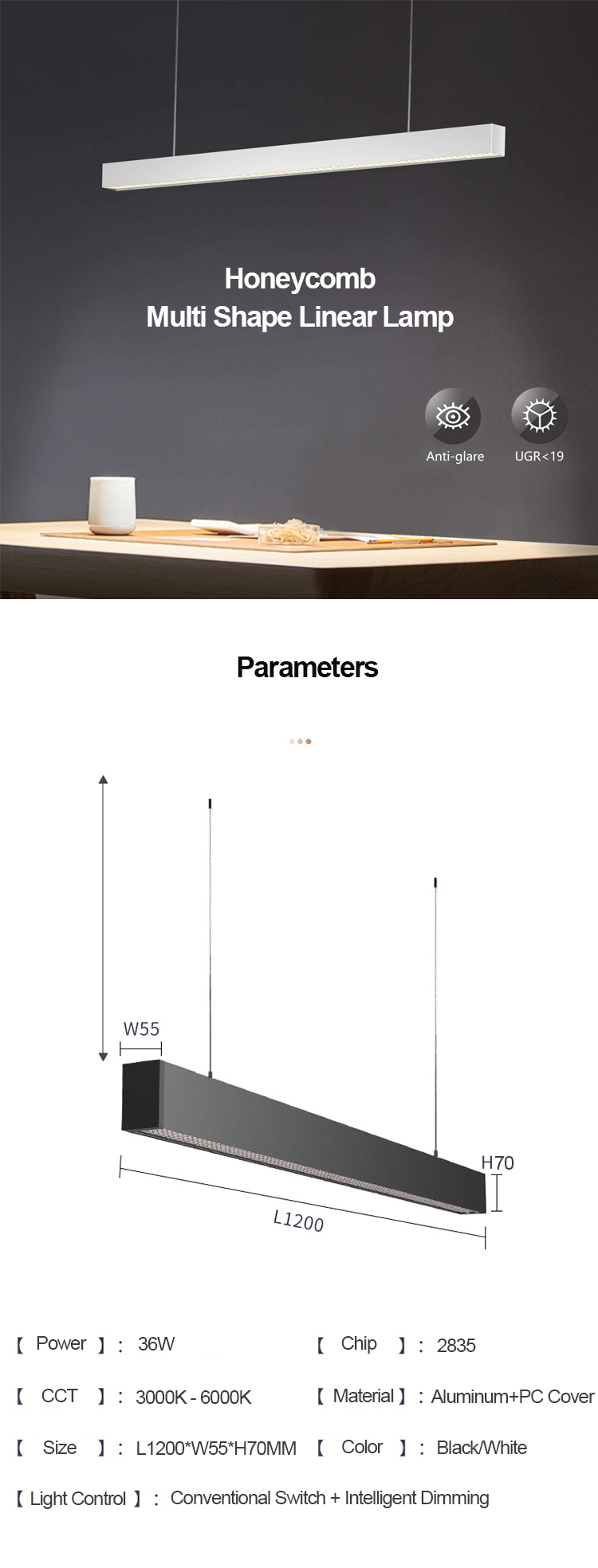 Unique designed 36w anti glare honeycomb suspended surface mount 1.2m aluminum profile led linear light
