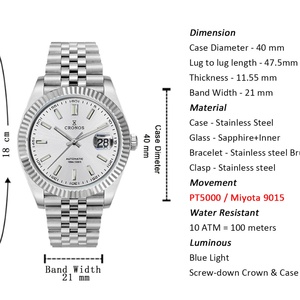 Cronos DateJ Luxury Men <b>Watch</b> Stainless Steel 5-Links Bracelet PT5000 Miyota 9015 Manual <b>Mechanical</b> 40-44mm Dial 100m Water - Product Image 2