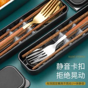 Juego de cubiertos de viaje con caja de almacenamiento, mango con textura de madera, tenedor, cuchara y palillos de acero inoxidable para exteriores - Product Image 5