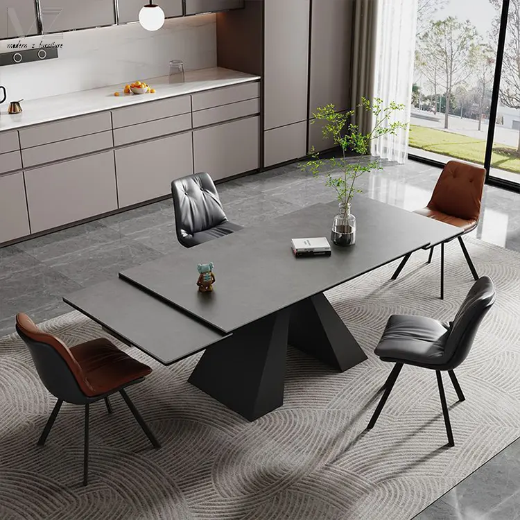 Juego de mesa de comedor extensible moderna de lujo Base de acero inoxidable Muebles de cocina Mesa de comedor extensible superior de mármol negro completo