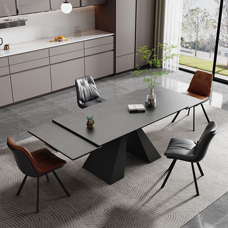 Set meja makan Stainless Steel, furnitur dapur dasar baja tahan karat, atas marmer penuh dapat diperpanjang